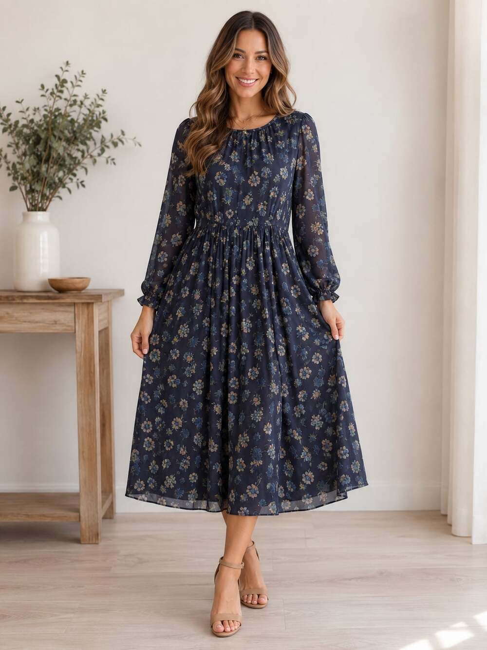 Brass & Roe Roxi Blue Floral Tiered Midi Dress Long Sleeve Size M - Picture 1 of 10